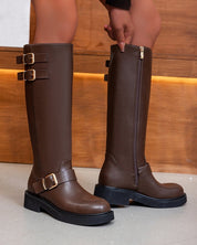 Brown knee-high biker boots