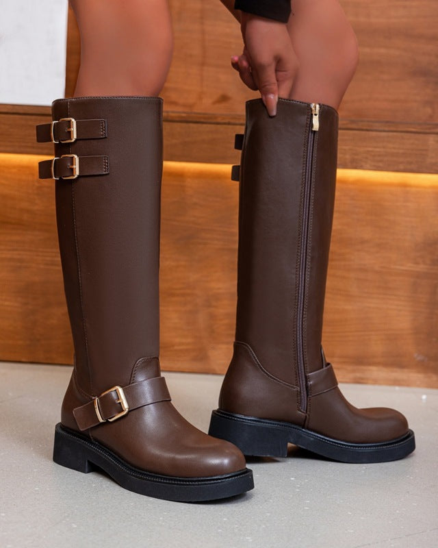 Brown knee-high biker boots