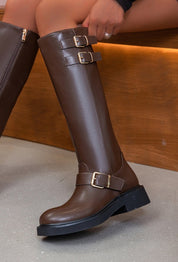 Brown knee-high biker boots