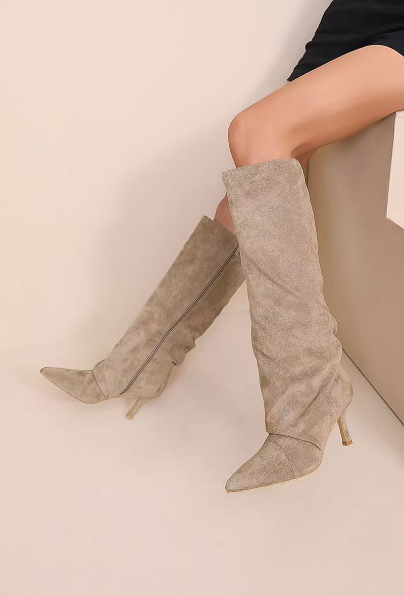 Khaki brushed boots with a thin heel