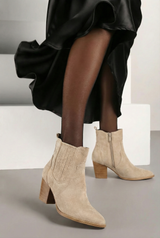 Beige block heel ankle boots