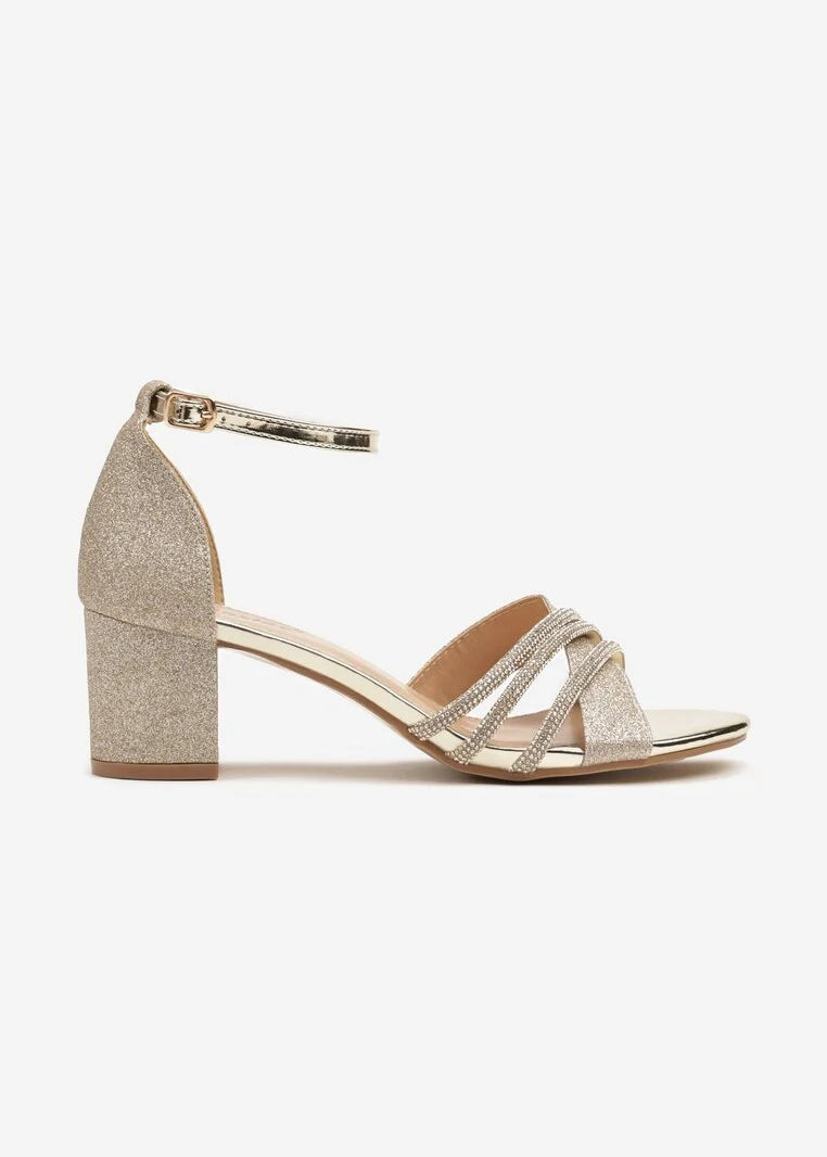 Zlatne šljokičaste sandale na blok petu - Cipelice