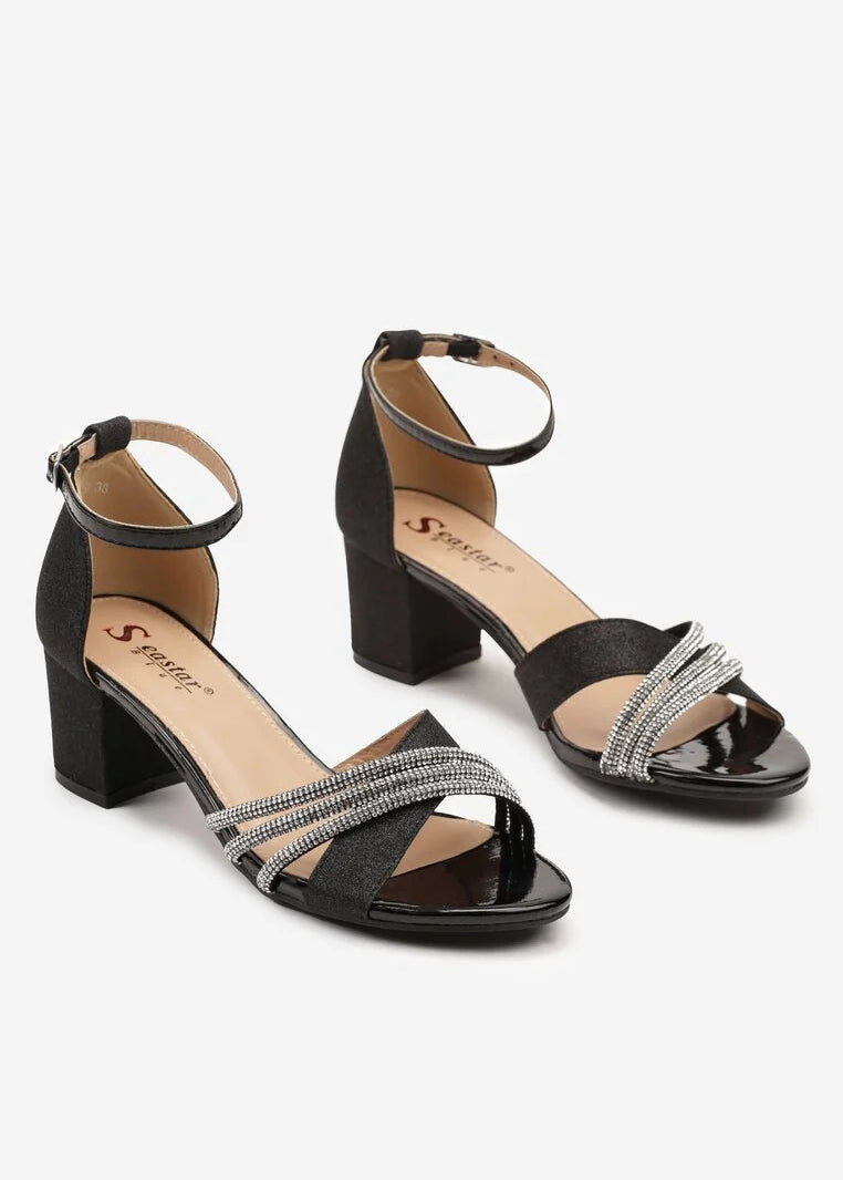 Crne šljokičaste sandale na blok petu - Cipelice