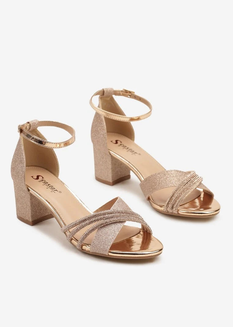 Champagne šljokičaste sandale na blok petu - Cipelice