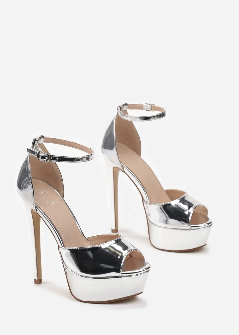 Srebrne sandale s visokom petom i platformom s otvorenim prstima - Cipelice