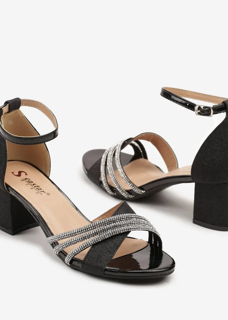 Crne šljokičaste sandale na blok petu - Cipelice