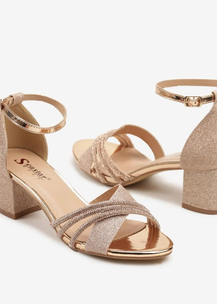 Champagne šljokičaste sandale na blok petu - Cipelice