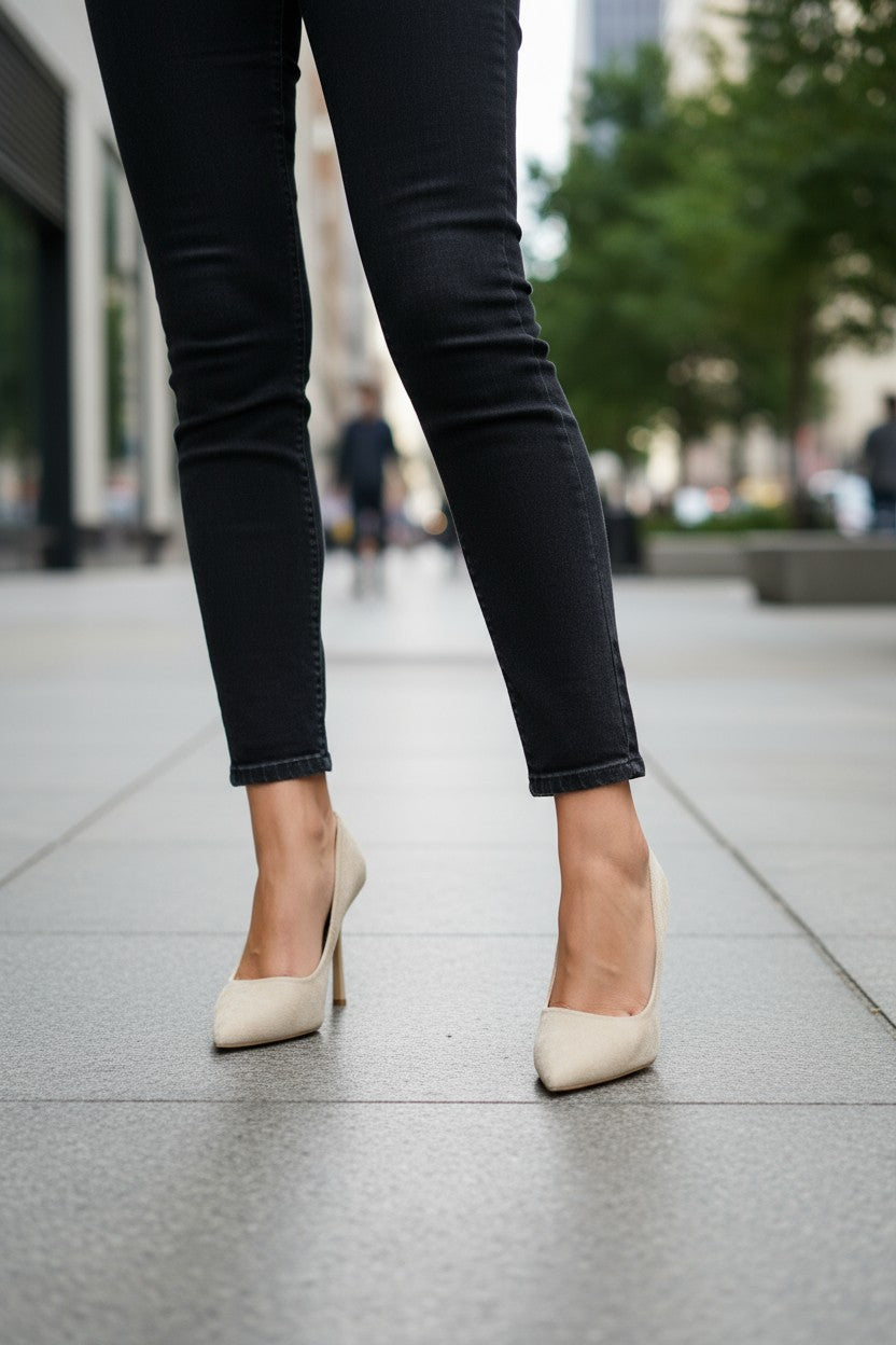 Beige sanded loafers on a thin heel 