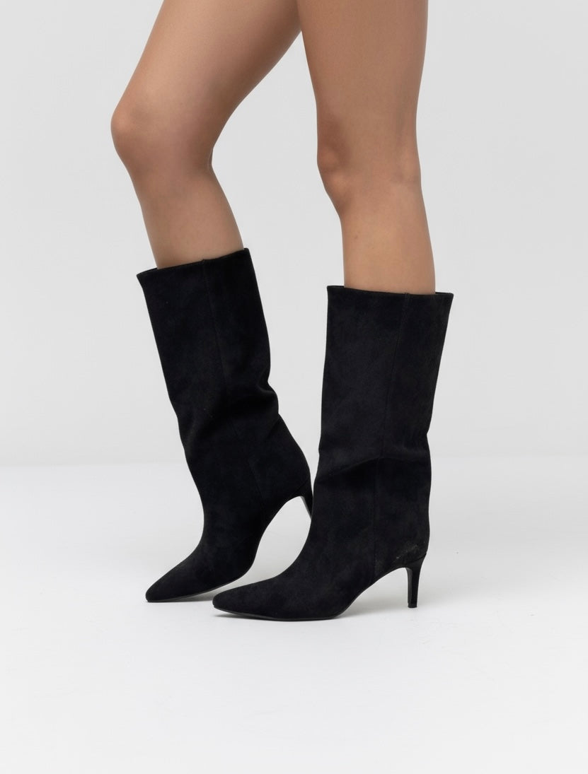 Black polished boots with a thin heel