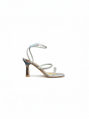 Silver sandals on a thin heel