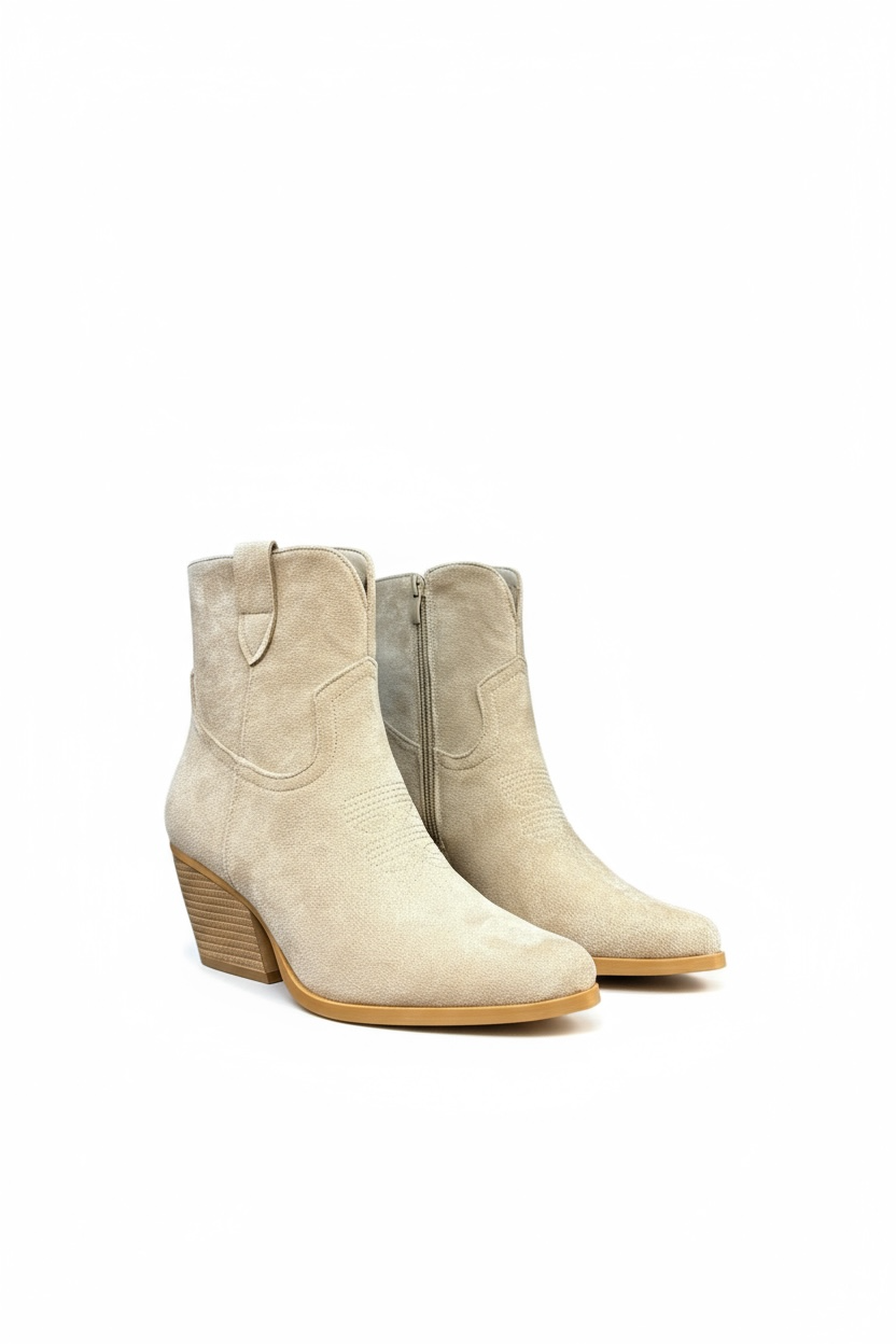 Beige block heel ankle boots