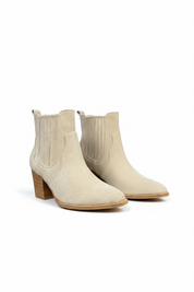 Beige block heel ankle boots