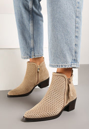 Beige block heel ankle boots