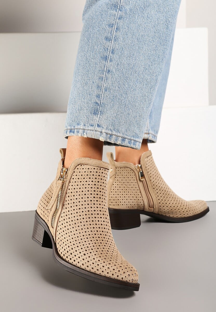 Beige block heel ankle boots