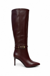 Burgundy boots with a thin heel