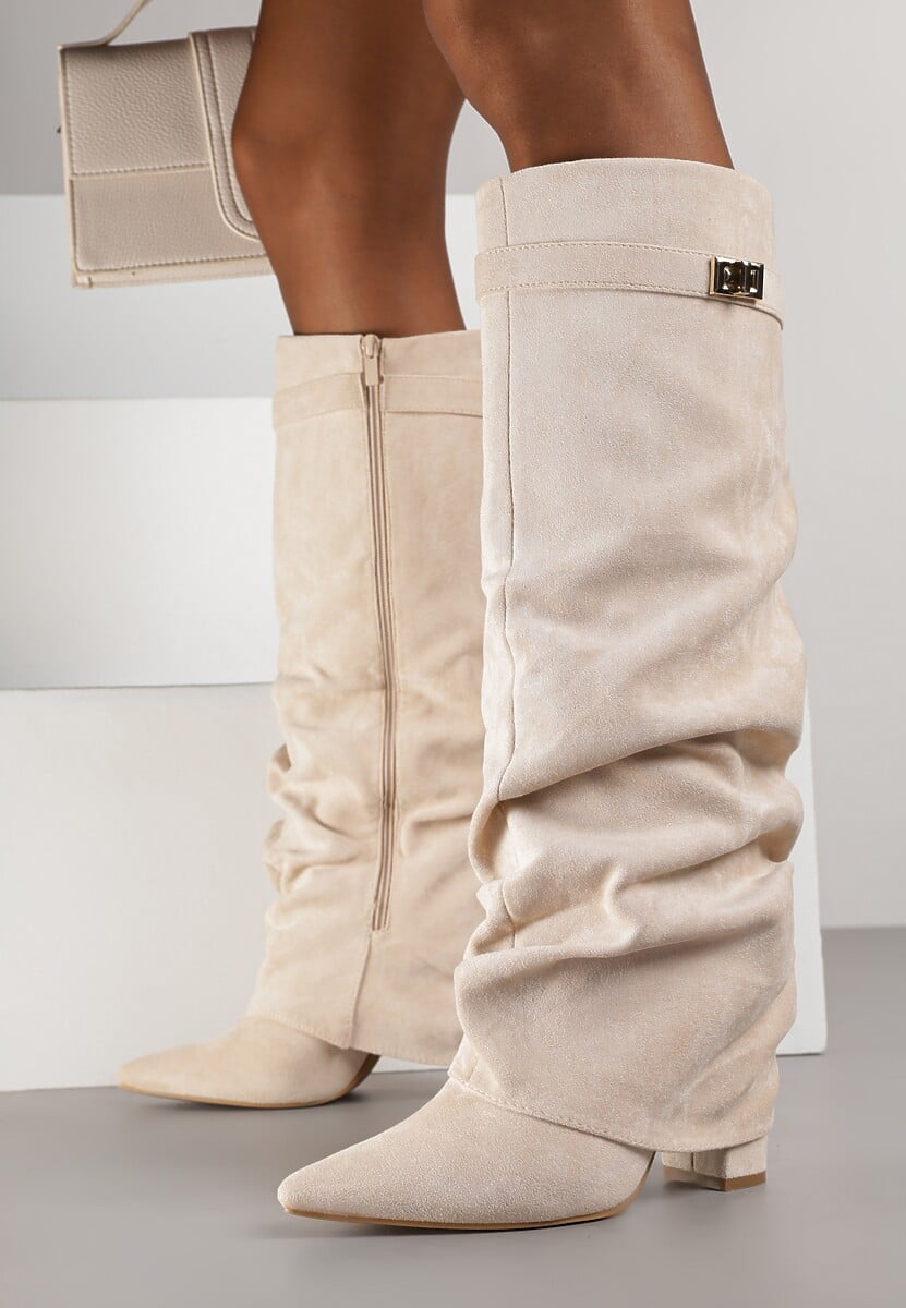 Beige brushed pleated block heel boots