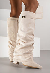 Beige brushed pleated block heel boots