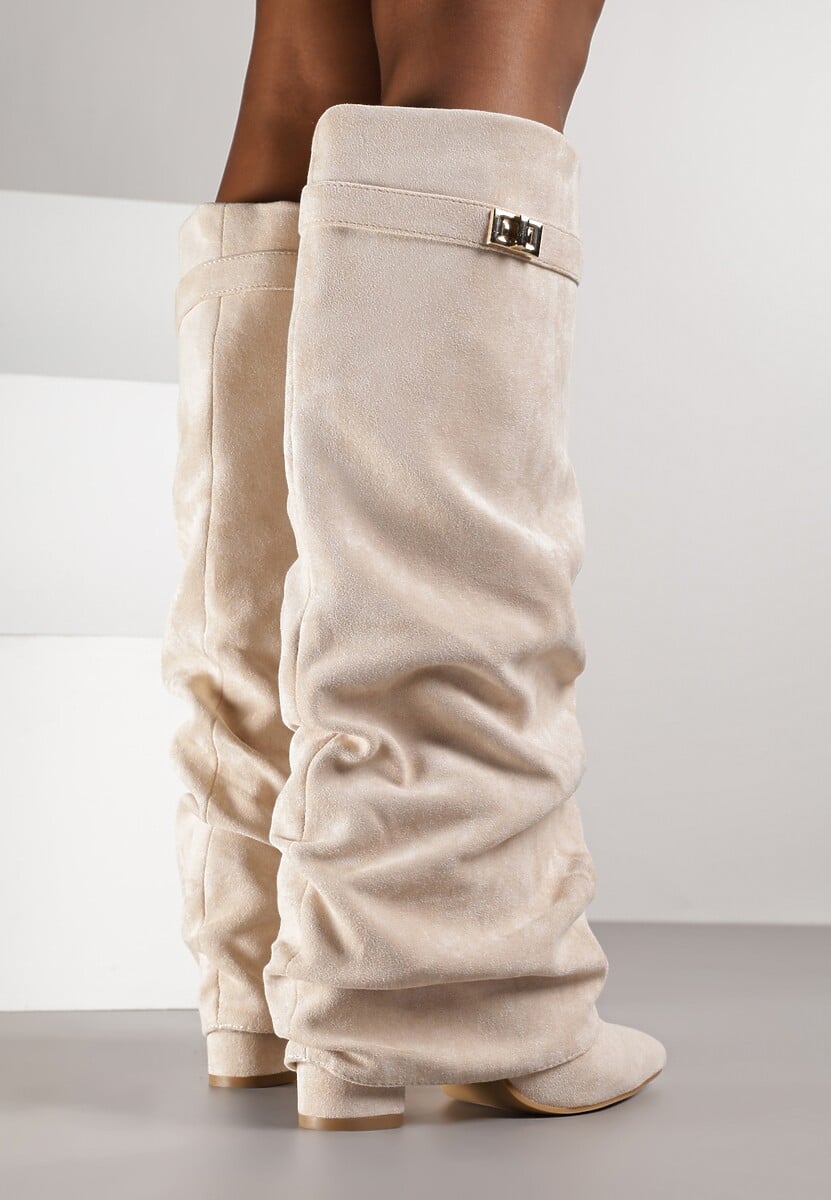 Beige brushed pleated block heel boots