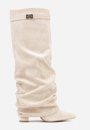 Beige brushed pleated block heel boots