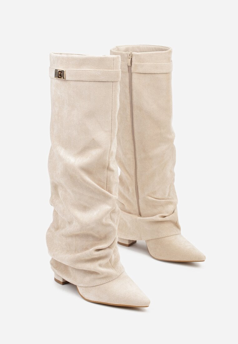 Beige brushed pleated block heel boots
