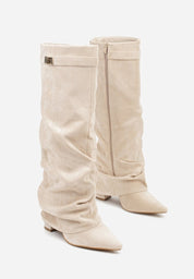 Beige brushed pleated block heel boots