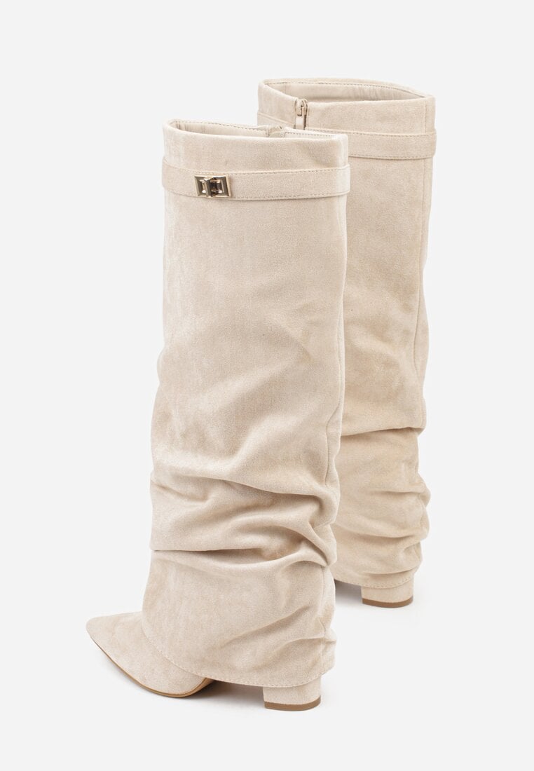 Beige brushed pleated block heel boots