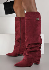 Burgundy brushed pleated block heel boots