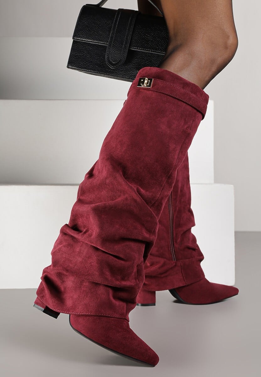 Burgundy brushed pleated block heel boots