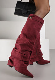 Burgundy brushed pleated block heel boots