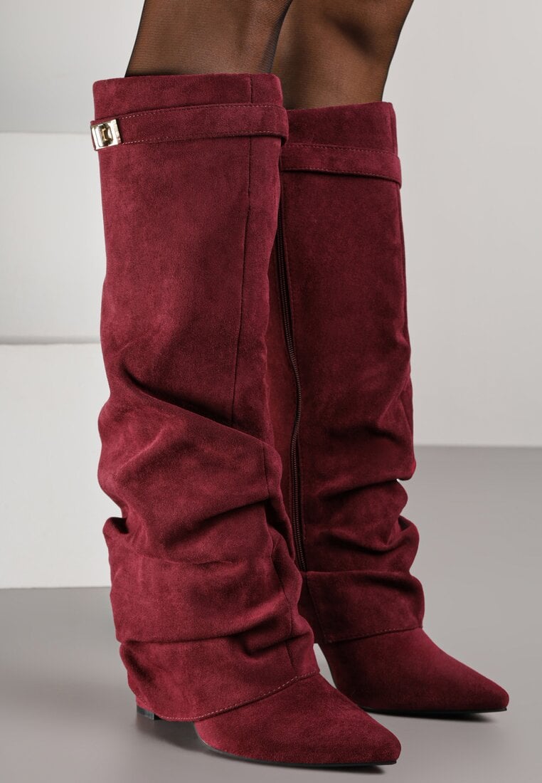 Burgundy brushed pleated block heel boots