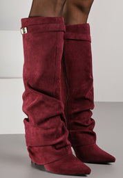 Burgundy brushed pleated block heel boots