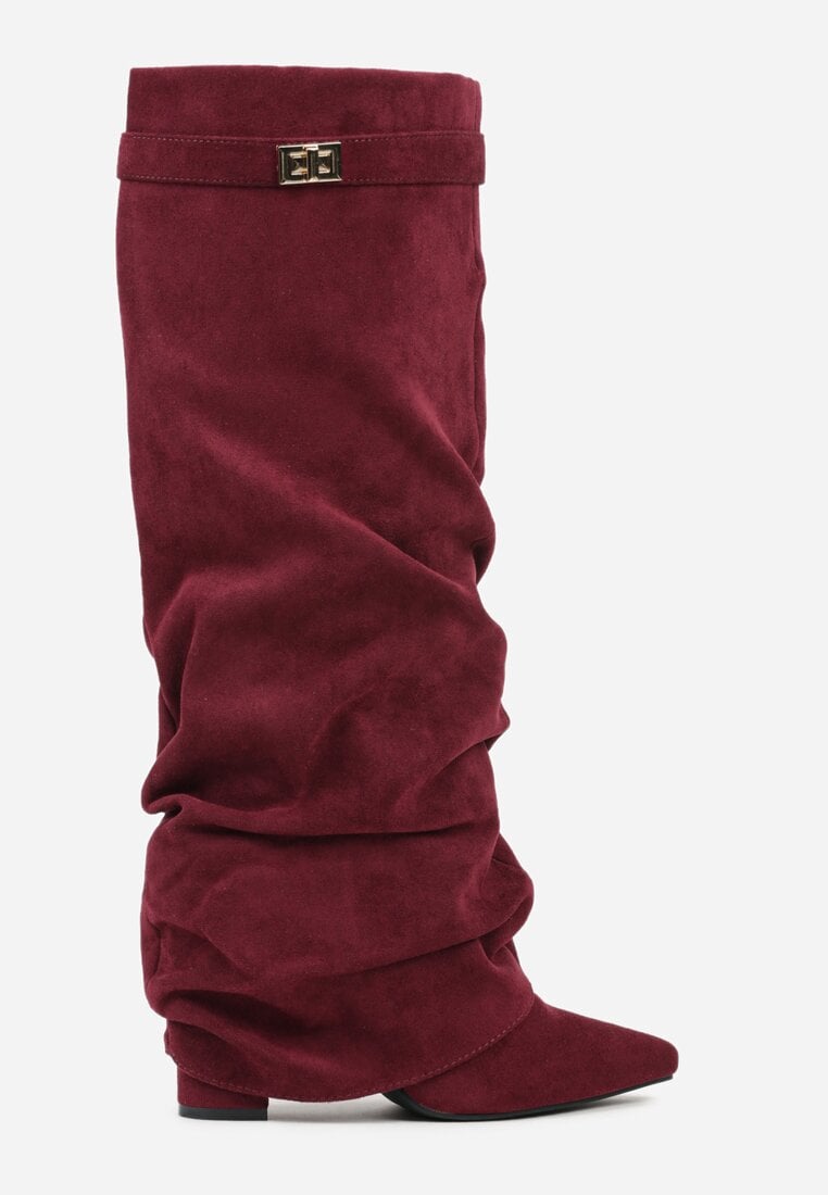 Burgundy brushed pleated block heel boots