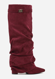 Burgundy brushed pleated block heel boots
