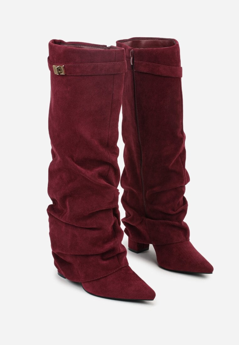 Burgundy brushed pleated block heel boots