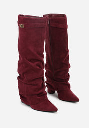 Burgundy brushed pleated block heel boots