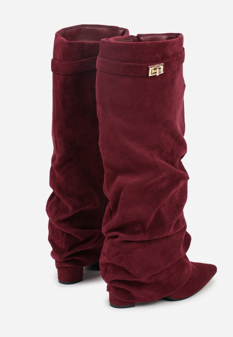 Burgundy brushed pleated block heel boots