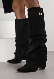 Black brushed pleated block heel boots