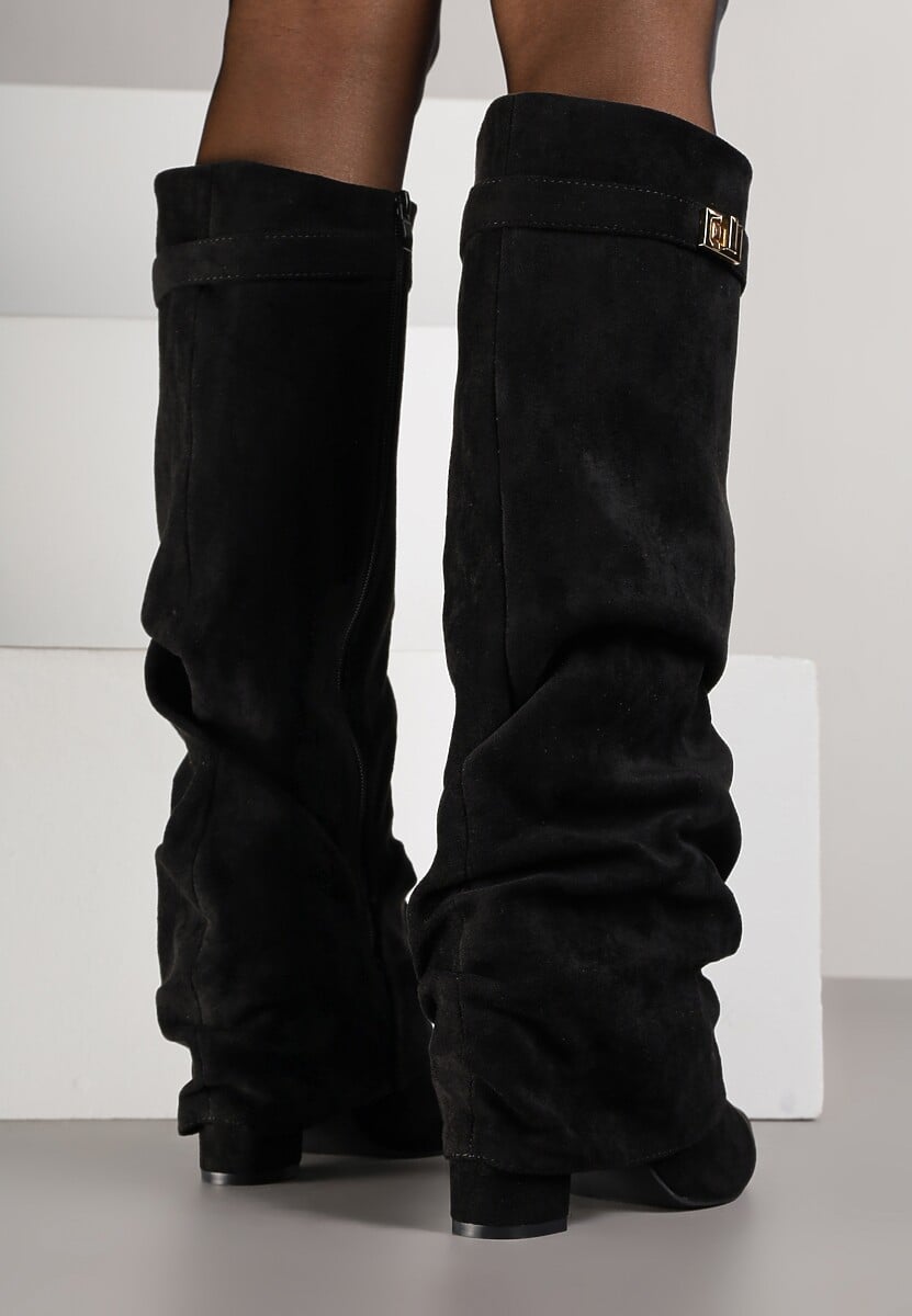 Black brushed pleated block heel boots