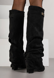 Black brushed pleated block heel boots