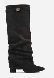 Black brushed pleated block heel boots