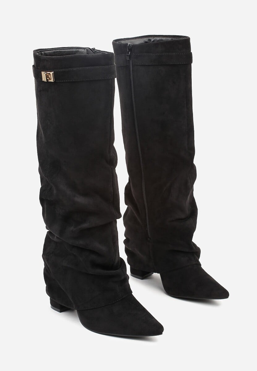 Black brushed pleated block heel boots