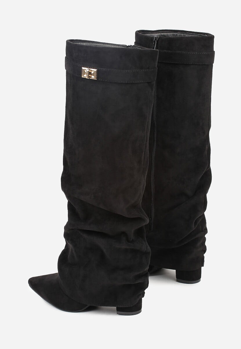 Black brushed pleated block heel boots