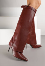 Burgundy folded boots on a thin heel