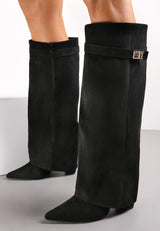 Beige block heel high boots