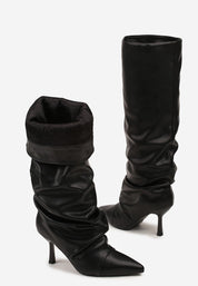 Black pleated boots with a thin heel 