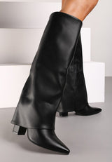 Beige block heel high boots