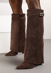 Brown brushed block heel boots