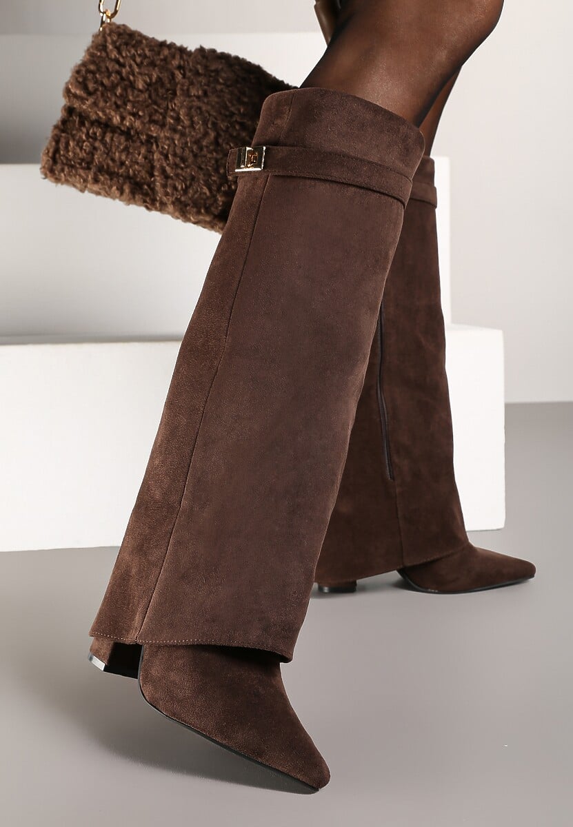 Brown brushed block heel boots