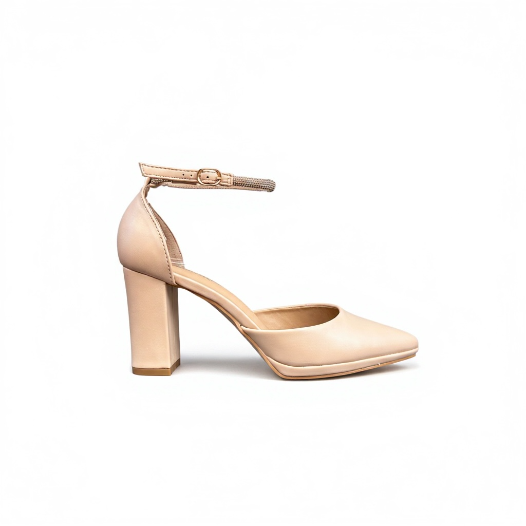 Nude block heel sandals.