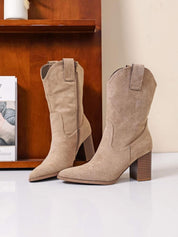Beige block heel cowboy boots